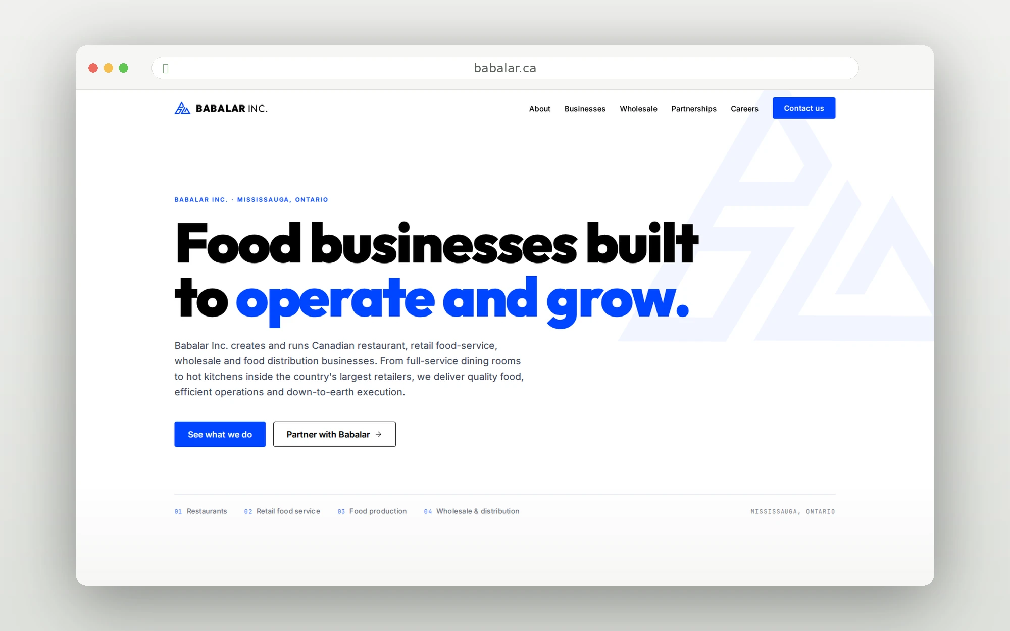 Babalar Inc. ana səhifəsi — 'Food businesses built to operate and grow' başlığı