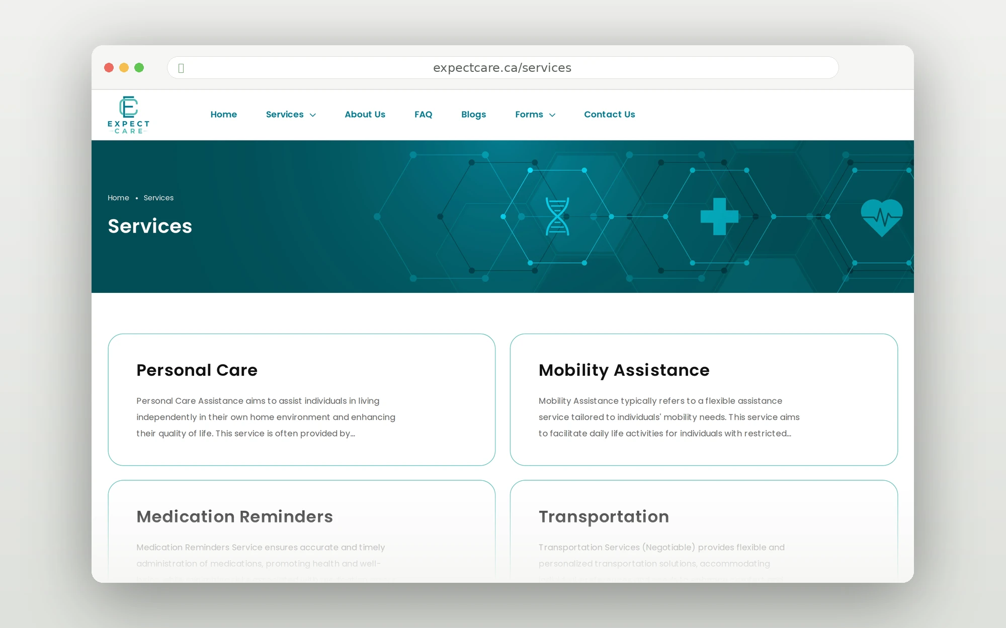 Expect Care xidmətlər səhifəsi — teal qradiyent başlıq və xidmət kartları