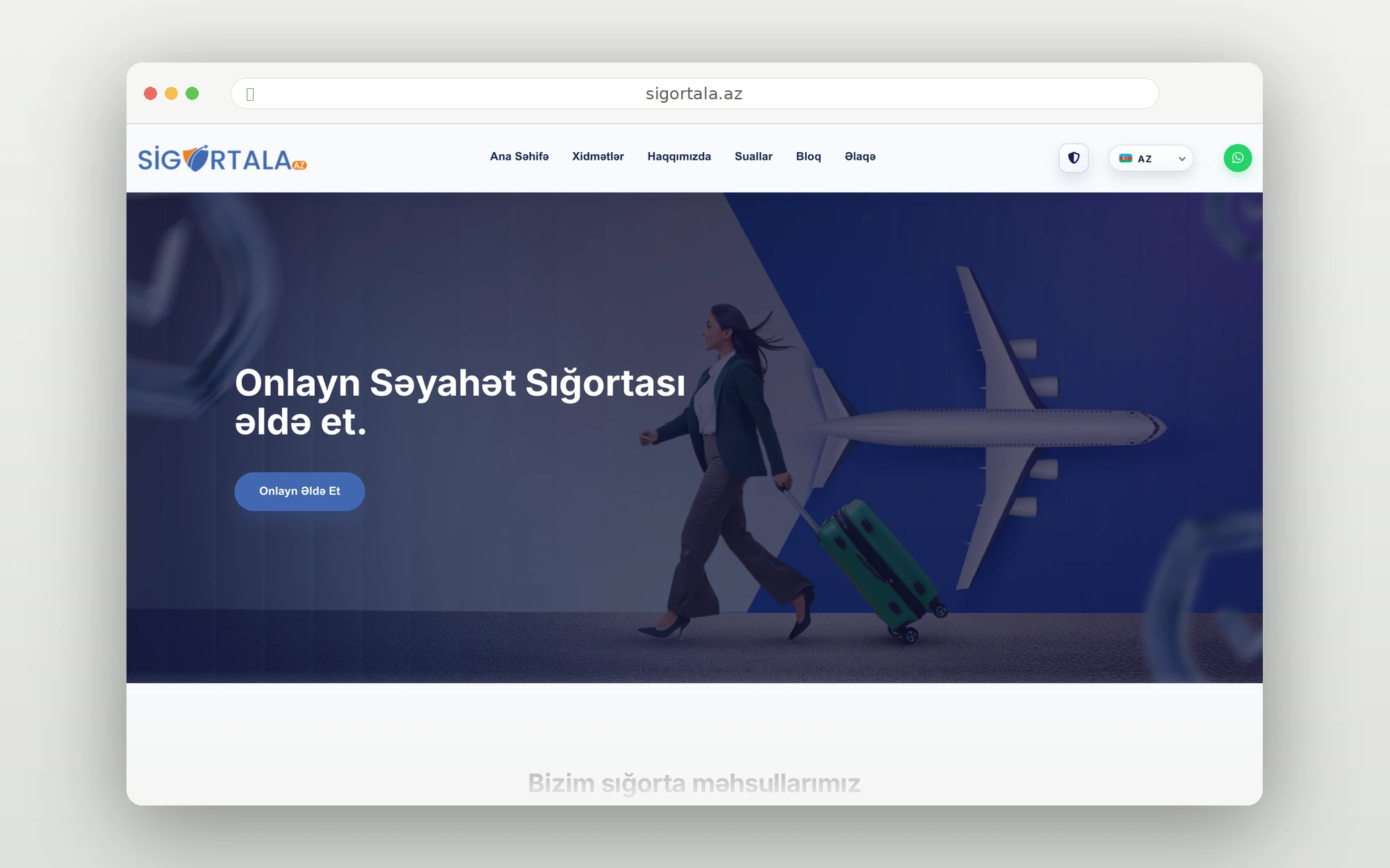 Sigortala.az ana səhifəsi — onlayn səyahət sığortası bölməsi