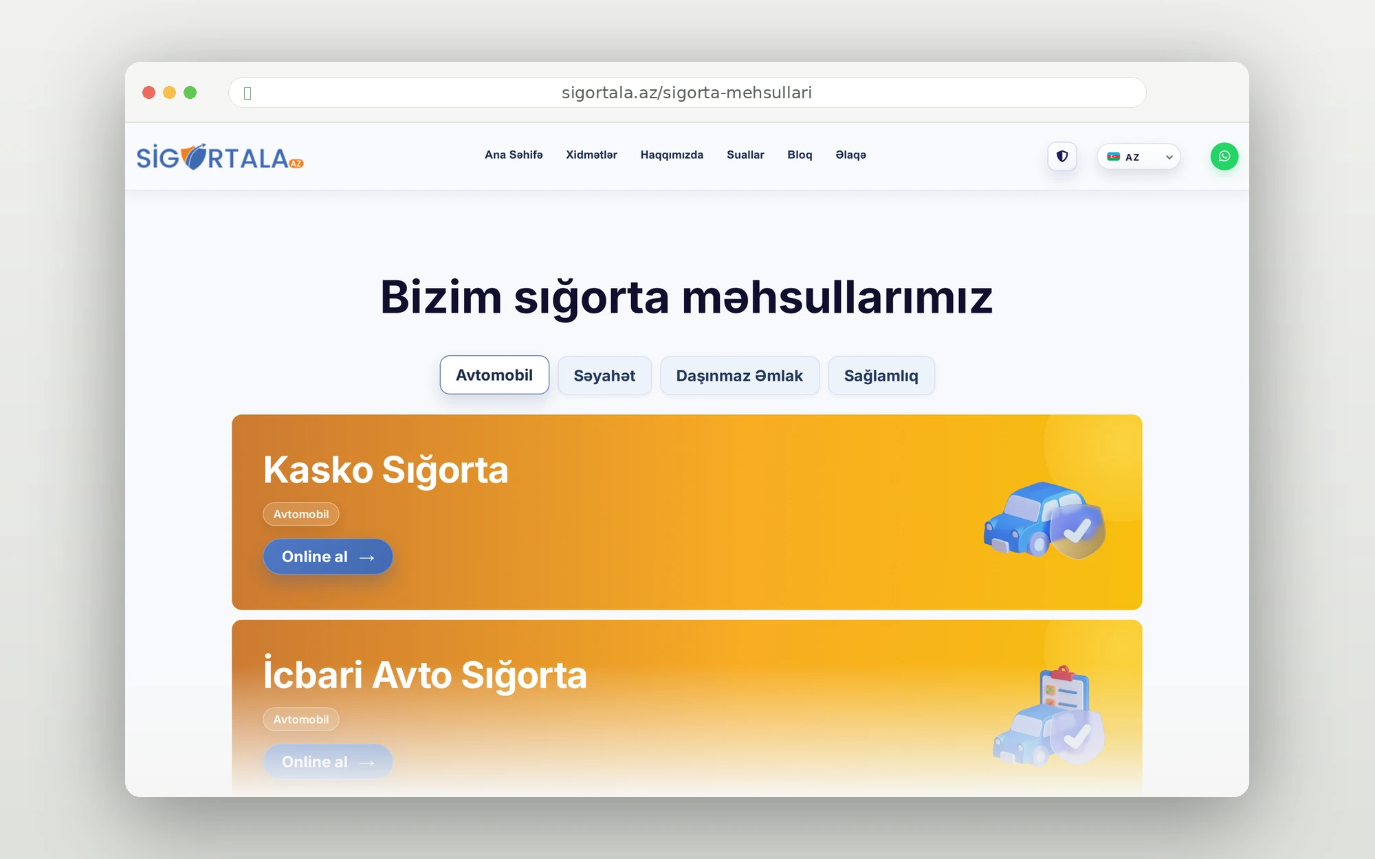 Sigortala.az sığorta məhsulları kataloqu — Kasko və İcbari Avto Sığorta